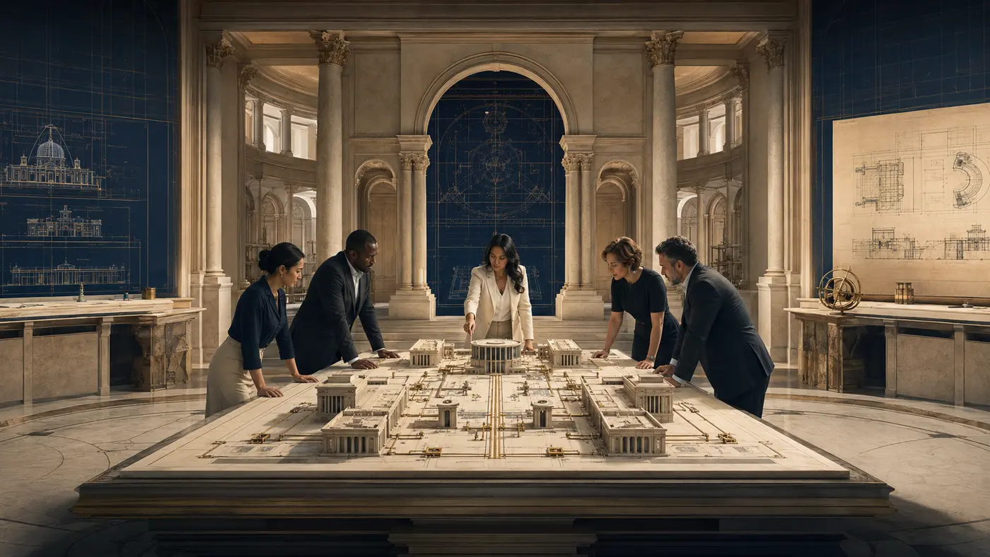 Five people collectively examining and directing an architectural model