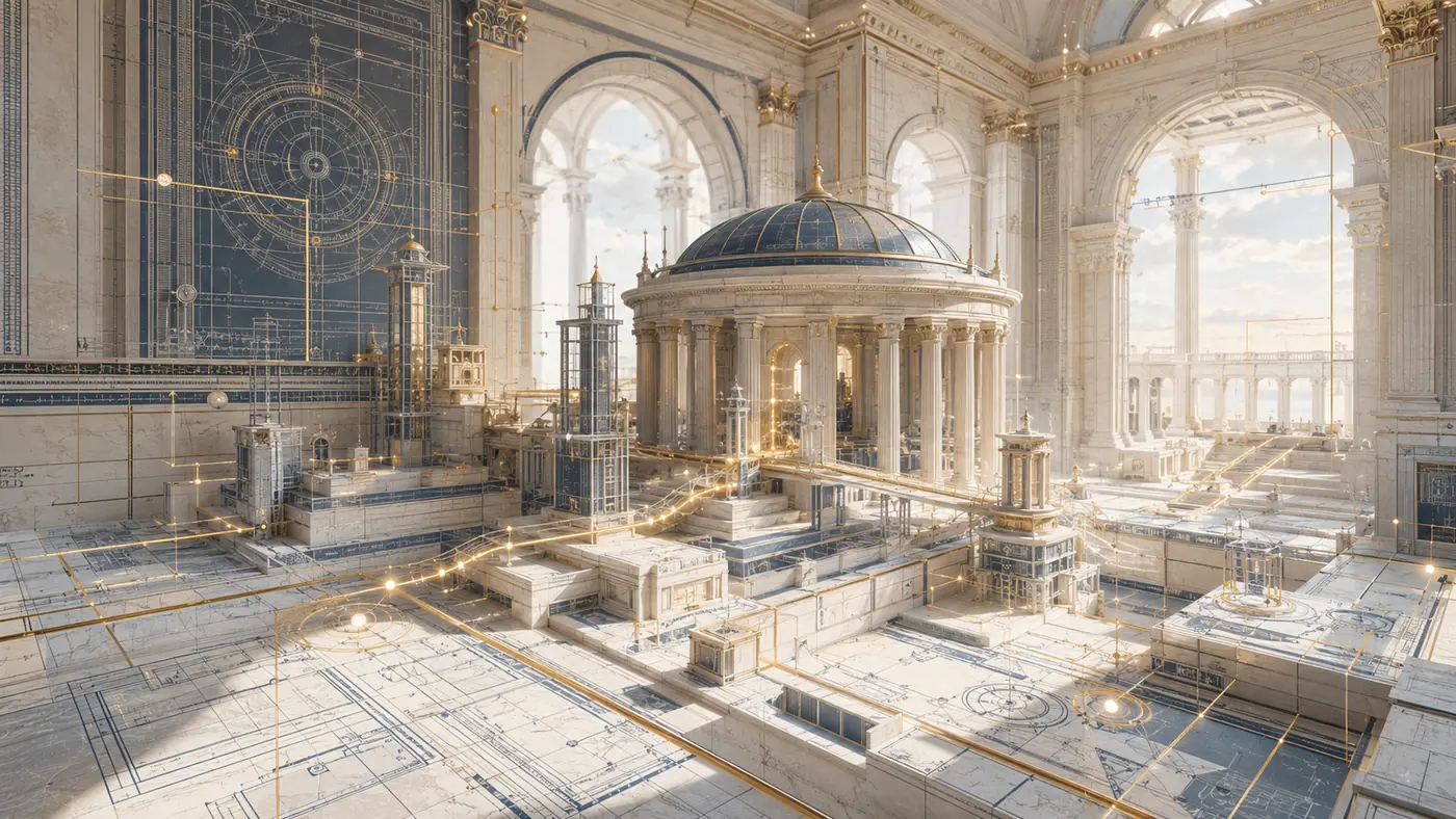 Abstract enterprise architecture illuminated with restrained gold details