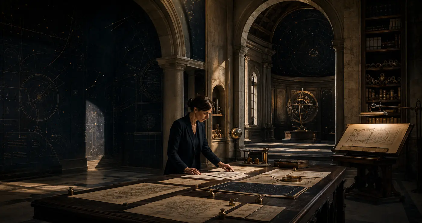 A woman examining evidence within a classical archive and observatory