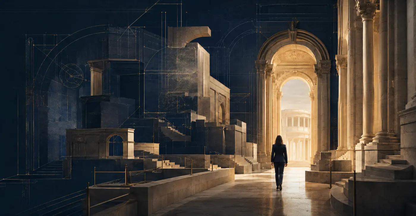 A woman moving through converging architecture toward a clear operational outcome